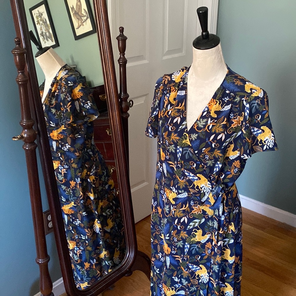 J. Crew Navy Floral Wrap Midi Dress with Yellow Accent